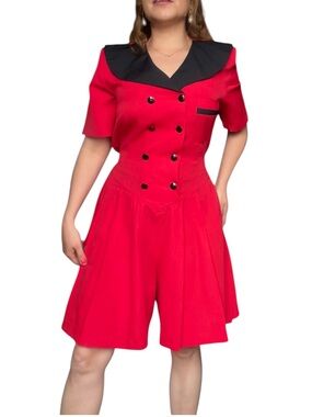 Vintage-Inspired Red Dress with Navy Collar